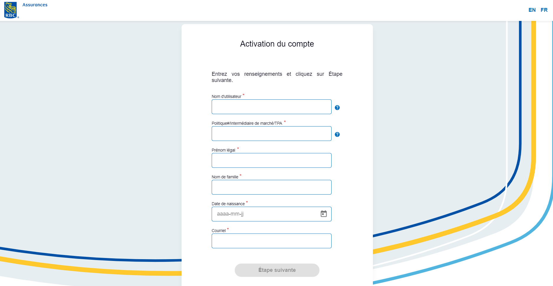 Exemple d'image de capture d'écran de l'activation de compte pour l'administration en ligne montrant le formulaire pour saisir le nom d'utilisateur, le code de parrain du plan, certains détails personnels, une question et une réponse de défi et un mot de passe